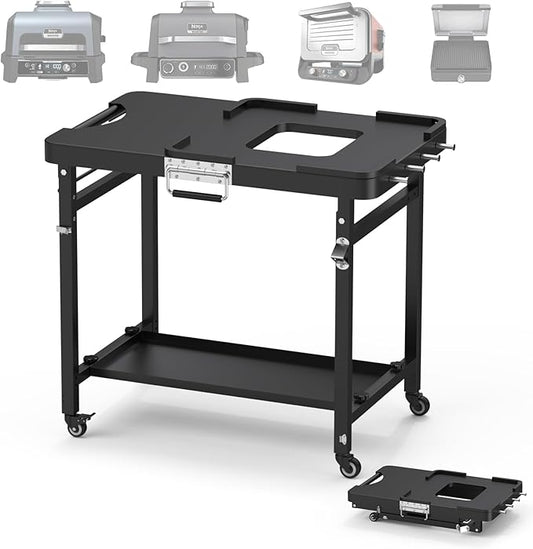 SafBbcue Grill Table for Ninja, Grill Stand for Ninja Woodfire OG700 OG800 OG900 Series & OO101, Portable Outdoor Grill Stand, Foldable Cart Table with Wheels for Ninja, Double-shelf, Hooks
