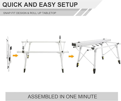 Portal Outdoor Folding Portable Picnic Camping Table with Adjustable Height Aluminum Roll Up Table Top Mesh Layer, Silver
