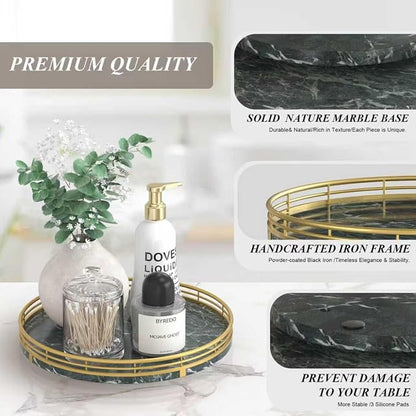 AMH 10-Inch Green Marble Lazy Susan with Gold Frame | Smooth rotating oak tray with walnut finish for dining tables, kitchen counters, pantries and cabinet storage.