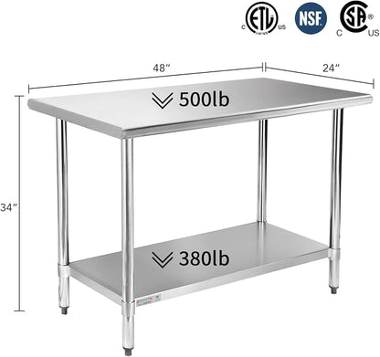 STABLEINK Stainless Steel Table with Undershelf 48x24 Inches 4ft for Prep | NSF Certified Heavy Duty Metal Work Table Workbench for Commercial Kitchen Restaurant Hotel Laundry Garage Chef Homemaker