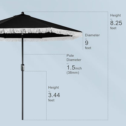 Tempera 9ft Auto Tilt Patio Umbrellas with Fringe, Outdoor Market Umbrellas with Fade Resistant Canopy, 8 Sturdy Rids, Luxurious Vintage Umbrellas for Lawn, Pool, Deck, Balcony