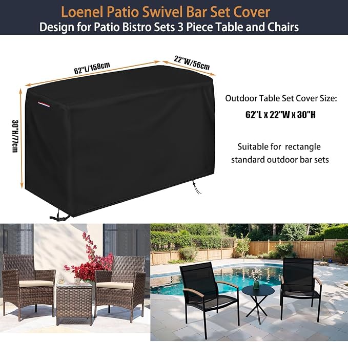 Patio Waterproof Bistro Set Bar Table Cover, 62"L x 22"W x 30"H | Heavy Duty Outdoor Table and Chairs Set Cover for 3 Pieces Patio Furniture Set/2 Chairs Patio Set with Handle, Drawstring