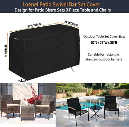 Patio Waterproof Bistro Set Bar Table Cover, 62"L x 22"W x 30"H | Heavy Duty Outdoor Table and Chairs Set Cover for 3 Pieces Patio Furniture Set/2 Chairs Patio Set with Handle, Drawstring