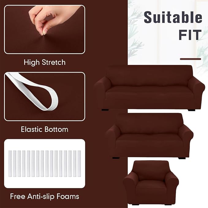 Peryiter 3 Pcs Couch and Loveseat Sofa Covers,Coffee Brown,Milk Silk | Armchair Covers for Living Room, Sofa Cushion Slipcover, Furniture Protector, Polyester and Spandex, Washable