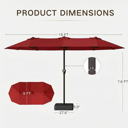 Kingdura 15ft Large Patio Umbrella with Base Included, Double-Sided Rectangle Outdoor Table Umbrella with 12 Reinforced Ribs, Crank Lift for Market Pool Deck Backyard, Red