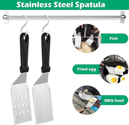 Metal Spatula Set of 2, HaSteeL 11.8 x 2.8In Stainless Steel Perforated Spatula & Solid Turner Flipper, Flat Top Griddle Teppanyaki Hibachi Tools for Barbecue Camping, Plastic Handle & Easy to Clean