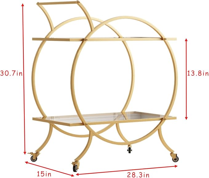Gold Bar Carts for The Home Bar Serving Cart, Rolling Bar Cart Gold with Lockable Caster Wheels, Glass Bar Carts with 2 Mirrored Shelves, Storage Round Wine Carts for Kitchen, Party