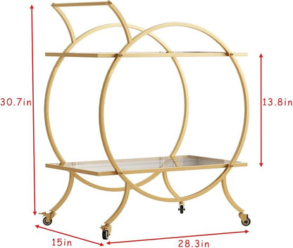 Gold Bar Carts for The Home Bar Serving Cart, Rolling Bar Cart Gold with Lockable Caster Wheels, Glass Bar Carts with 2 Mirrored Shelves, Storage Round Wine Carts for Kitchen, Party