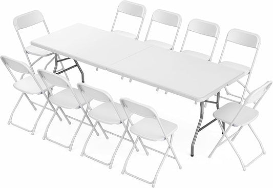 Sweetcrispy 8 FT Folding Picnic Table with 10 White Folding Chairs, Easy to Fold and Store, Foldable Table for Camping Picnic Dining Party Kitchen Outdoor Indoor with Carrying Handle