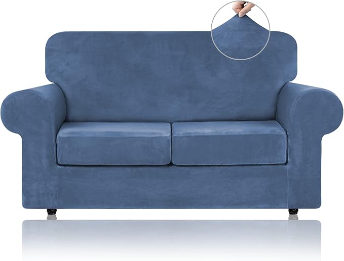 WEERRW Velvet Stretch 3 Pieces Couch Cover for Sofa Washable, Light Blue | Love Seat Couch Covers for 2 Cushion Couch Sofa Furniture Protector slipcoves with Elastic Bottom for Kids, Medium