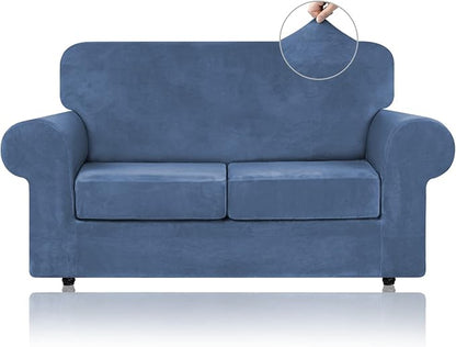 WEERRW Velvet Stretch 3 Pieces Couch Cover for Sofa Washable, Light Blue | Love Seat Couch Covers for 2 Cushion Couch Sofa Furniture Protector slipcoves with Elastic Bottom for Kids, Medium