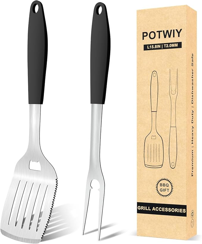 15.8" Heavy Duty Grill Set - Stainless Steel BBQ Tools with Spatula & Fork, Professional Grilling Gifts for Men, Outdoor Barbecue Tool Set