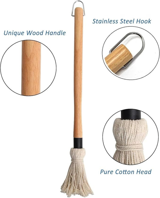 15.5in Basting Mop Brush for BBQ Grilling - Wooden Handle Detachable with 2 Replacement Heads &Silicone Brush - Grill Tools for Outdoor Cooking, Camping, Smoking