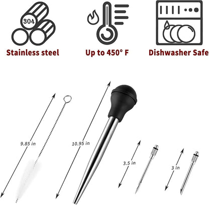 JY COOKMENT Stainless Steel Turkey Baster Baster Syringe for Cooking Meat Injector Set with 2 Marinade Needles 1 Cleaning Brush for Home Baking Kitchen Tool