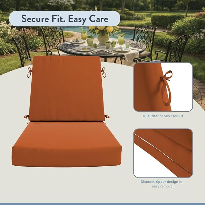 California Umbrella Outdoor Dining Chair, Set of 2 Patio Seat Cushions, 20 x 40 Inch, Premium Outdoor Memory Foam, Fade Resistant, Sunbrella Fabric, Fabric Ties, Tuscan