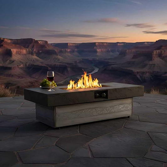 48 Inch Propane Fire Pit Table with Adjustable Height – 50,000 BTU Outdoor Gas Firepit for Patio Deck, 2 Height Levels, Electronic Ignition & Modern Glass Bead Flames for Outdoor Dining