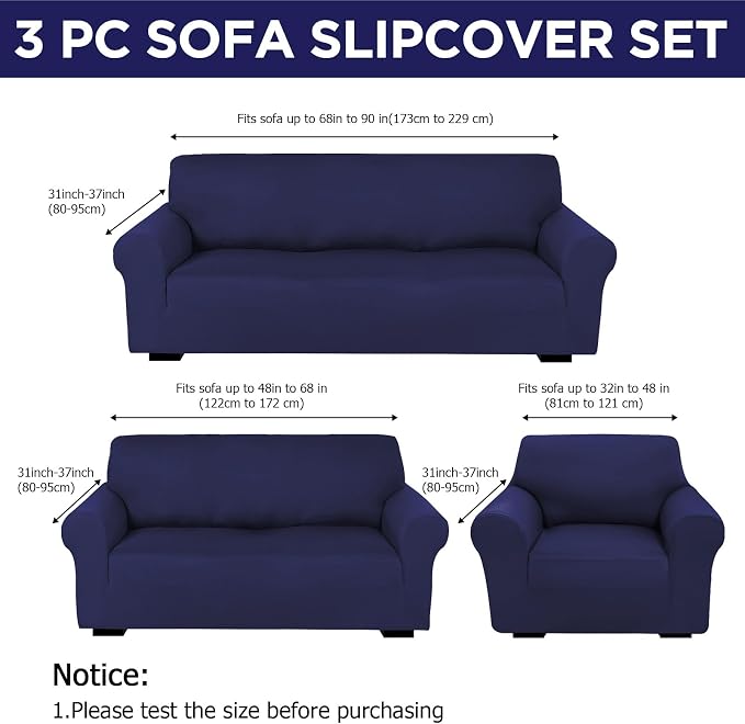 Peryiter 3 Pcs Couch and Loveseat Sofa Covers,Navy Blue,Milk Silk | Armchair Covers for Living Room, Sofa Cushion Slipcover, Furniture Protector, Polyester and Spandex, Washable