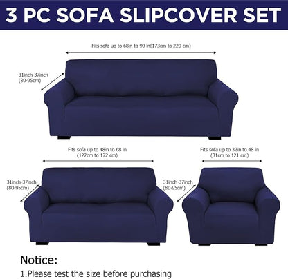 Peryiter 3 Pcs Couch and Loveseat Sofa Covers,Navy Blue,Milk Silk | Armchair Covers for Living Room, Sofa Cushion Slipcover, Furniture Protector, Polyester and Spandex, Washable
