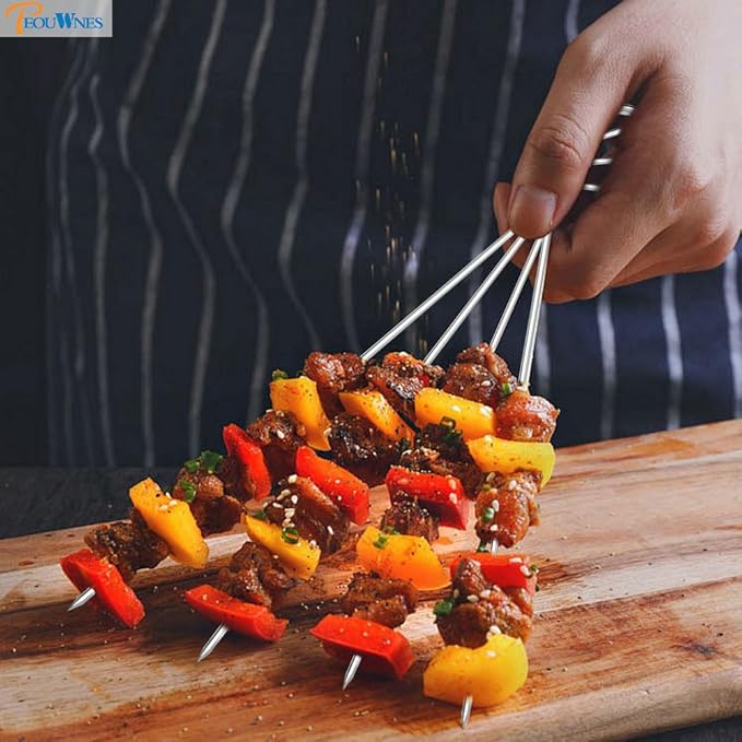 20 PCS 8 Inch Stainless Steel BBQ Kabob Skewers with Storage Box, PEOUWNES Metal Kebob Sticks Reusable Grilling Skewers for Turkey, Shrimp, Chicken, Fruit, Vegetable, Meat, Beef