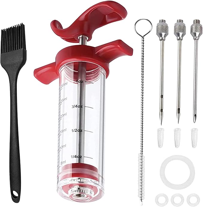 Meat Injector Syring-e Kit,3 Needles Porous Turkey Injector for Meats with Cleaning Brush,Marinade Injector Syring-e for BBQ Grill with Black Oil Brush Easy to Use and Clean