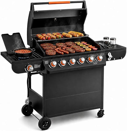 6-Burner Propane Gas Grill with Side Burner, 72,000 BTU Outdoor BBQ Grill, 650 Sq. In. Cooking Area, Cast Iron Grates, 4 Wheels, Pull-Out Drip Tray, Black