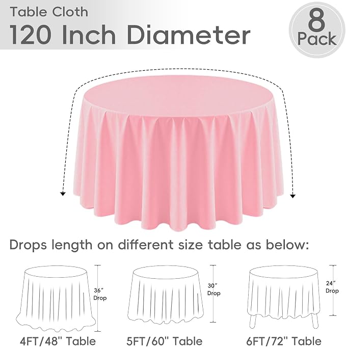 8 Pack Pink Round Tablecloth 120 Inch | For 4Ft-7Ft Round Table, Wrinkle Resistant Table Cloth, Washable Polyester Fabric, For Wedding Party Banquet Buffet Camping