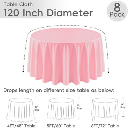 8 Pack Pink Round Tablecloth 120 Inch | For 4Ft-7Ft Round Table, Wrinkle Resistant Table Cloth, Washable Polyester Fabric, For Wedding Party Banquet Buffet Camping