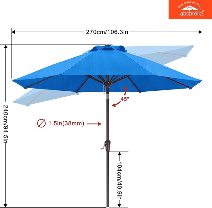 ABCCANOPY OLEFIN® 5-Year No Fading 9FT Outdoor Patio Umbrella(Sky Blue) | Fade & UV Resistant Fabric,8 Fiberglass Ribs，Wind Vent，Crank Lift & Tilt,Outdoor Table Umbrella for Deck,Backyard,Yard