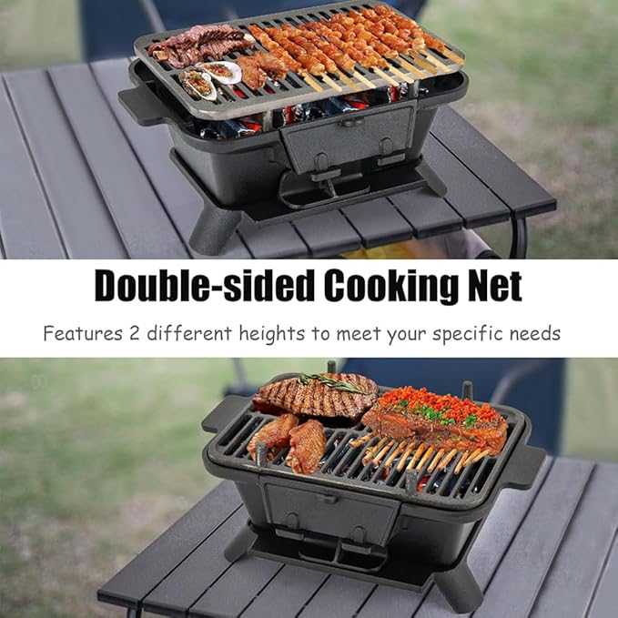 Grill Outdoor, Portable Charcoal Grill and Tabletop Cast Iron Skillet - 100% Cast Iron, Enameled, Durable for Camping, Tailgating, Picnics & Hunting (Square)