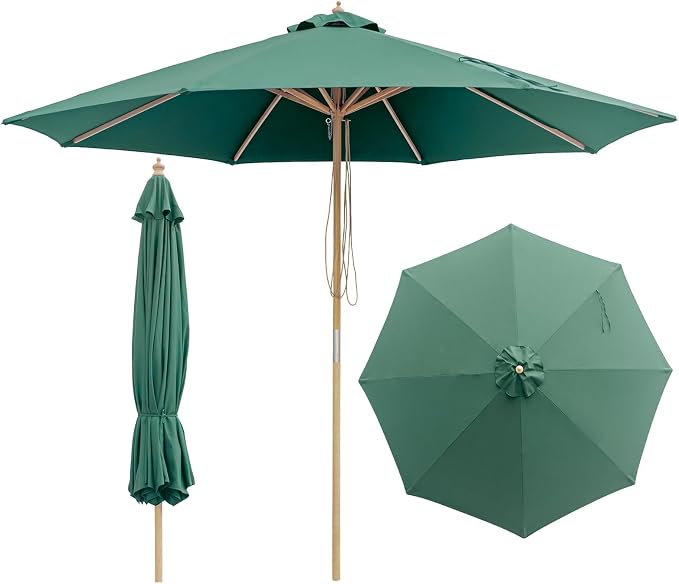 9FT/10FT Wood Patio Umbrella, Large Outdoor Table Pool Umbrella | 205G Olefin/180G Polyester Fabric, Push-Pull Operation Market Umbrella, 8 Rib Vented Canopy, Ideal for Patio, Backyard