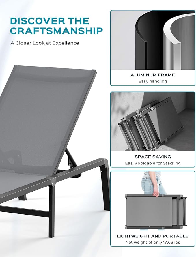 Ciokea Aluminum Foldable Lounge Chairs Set of 2 with 1 Outdoor Aluminum Side Table ，Perfect Match ，Suitable for Courtyard, Balcony, Lawn and Other Scenes，Grey
