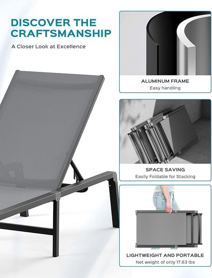Ciokea Aluminum Foldable Lounge Chairs Set of 2 with 1 Outdoor Aluminum Side Table ，Perfect Match ，Suitable for Courtyard, Balcony, Lawn and Other Scenes，Grey