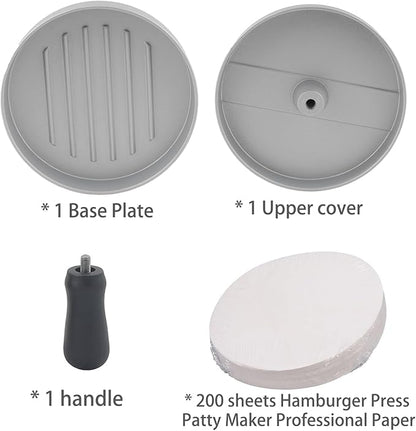 Aluminum Burger Press Patty Maker with 200 Non-Stick Papers - Commercial & Home Use, Hamburger Meat Press Tool, Dishwasher Safe (Silvery)