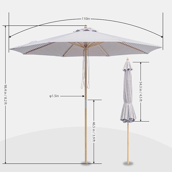 9FT/10FT Wood Patio Umbrella, Large Outdoor Table Pool Umbrella | 205G Olefin/180G Polyester Fabric, Push-Pull Operation Market Umbrella, 8 Rib Vented Canopy, Ideal for Patio, Backyard