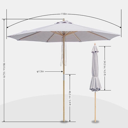 9FT/10FT Wood Patio Umbrella, Large Outdoor Table Pool Umbrella | 205G Olefin/180G Polyester Fabric, Push-Pull Operation Market Umbrella, 8 Rib Vented Canopy, Ideal for Patio, Backyard