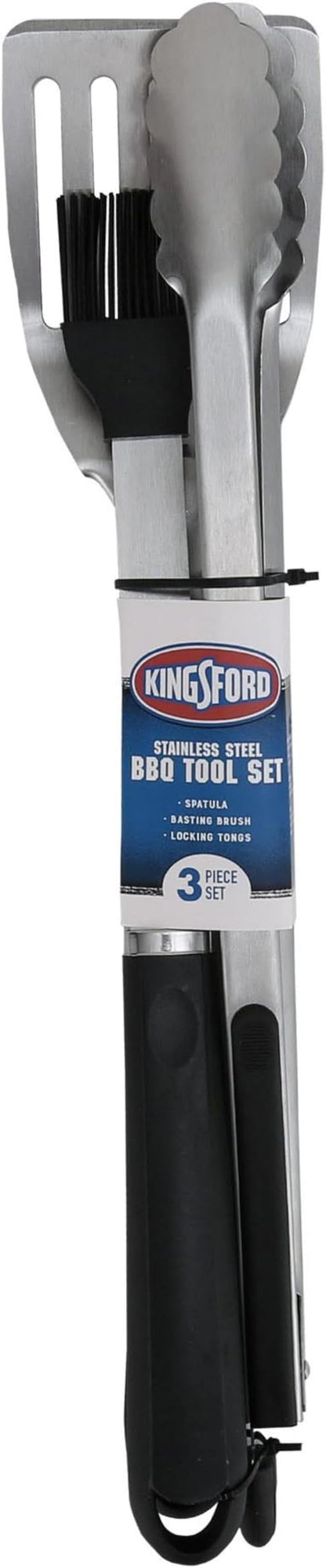 Kingsford 3-Piece Stainless Steel BBQ Tool Set with Spatula, Tongs with Rubber Grip, and Silicone Basting Brush, Rust-Resistant Grilling Tools for Outdoor Cooking, 3 Count