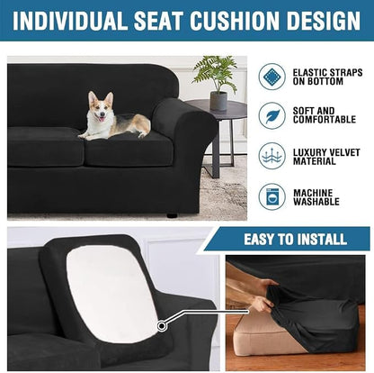 H.VERSAILTEX High Stretch Sofa Slipcover 4 Piece Cover Velvet Furniture Protector Form Fit Thick Velvet Extra Large Sofa Cover for 3 Cushion Couch Width Up to 97 Inch (Large Sofa, Jet Black)