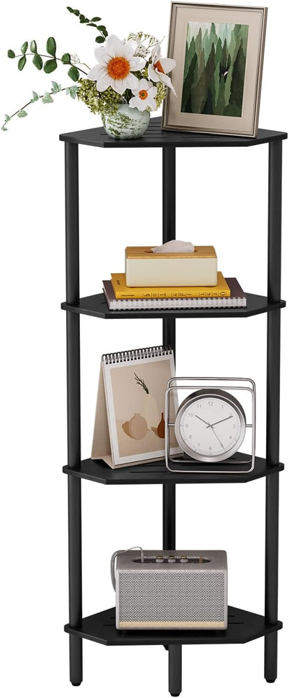 Corner Shelf Stand, 4 Tier Corner Bookshelf, Bamboo Storage Standing Shelf Unit, Tall Storage Plant Stand,Bookcase for Living Room, Home Office, Bedroom, Kitchen, Black