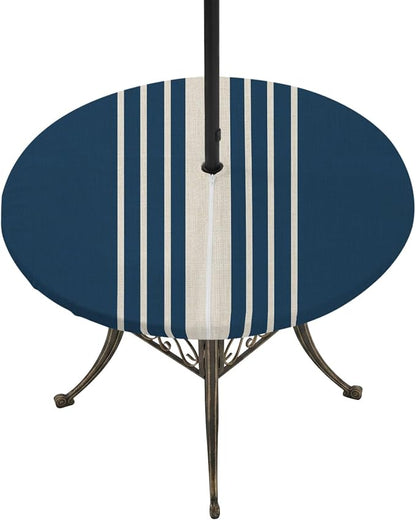 Outdoor Fitted Tablecloth with Umbrella Hole and Zipper, Navy Blue Beige Striped Elastic Round Patio Table Cover, Farmhouse Retro Lines Modern Table Protector for Backyard BBQ Party 55''-60''