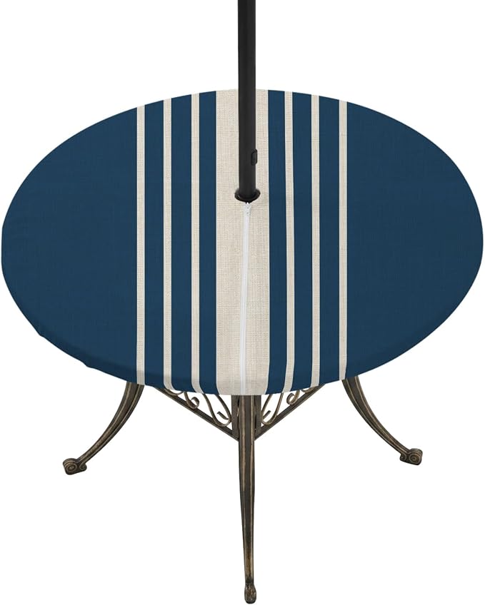 Outdoor Fitted Tablecloth with Umbrella Hole and Zipper, Navy Blue Beige Striped Elastic Round Patio Table Cover, Farmhouse Retro Lines Modern Table Protector for Backyard BBQ Party 31''-35''