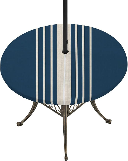 Outdoor Fitted Tablecloth with Umbrella Hole and Zipper, Navy Blue Beige Striped Elastic Round Patio Table Cover, Farmhouse Retro Lines Modern Table Protector for Backyard BBQ Party 45''-54''
