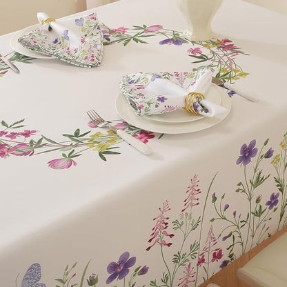 SASTYBALE Spring & Summer Floral Tablecloth 52 x 70 Inch Rectangular | Wildflower & Butterfly Printed, Rectangle Table Cover, Waterproof Spill Proof Wrinkle Free for Dining, Party, Indoor, Outdoor