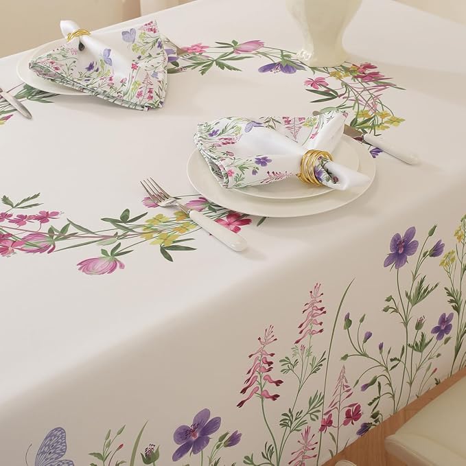 SASTYBALE Spring & Summer Floral Tablecloth 60 x 84 Inch Rectangular | Wildflower & Butterfly Printed, Rectangle Table Cover, Waterproof Spill Proof Wrinkle Free for Dining, Party, Indoor, Outdoor
