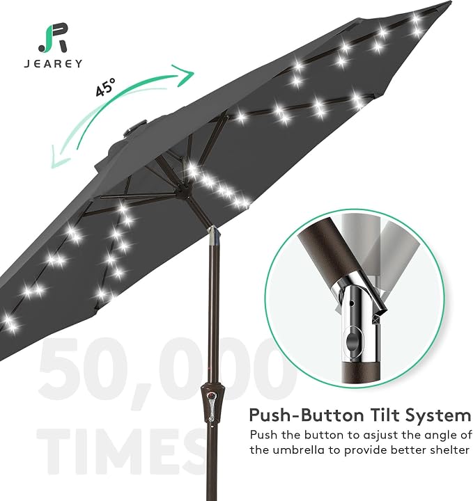 JEAREY 9FT Outdoor Patio Umbrella with Solar Lights, LED Lighted Pool Umbrella with Tilt and Crank, Outdoor Table Umbrellas for Deck, Yard & Market (Grey)