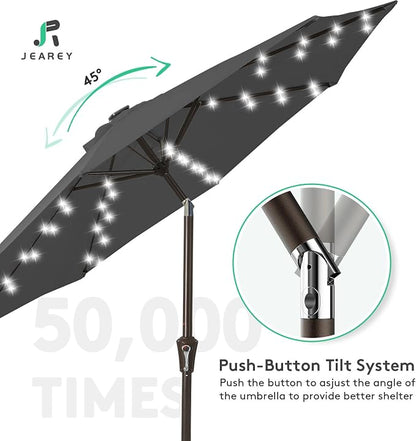JEAREY 9FT Outdoor Patio Umbrella with Solar Lights, LED Lighted Pool Umbrella with Tilt and Crank, Outdoor Table Umbrellas for Deck, Yard & Market (Grey)
