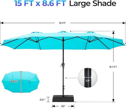 SUPERJARE 15FT Outdoor Patio Umbrella with Base Included, Double Sided Pool Umbrellas with Fade Resistant Canopy, Extra-Large Table Umbrella for Deck, Market, Backyard, Light Blue