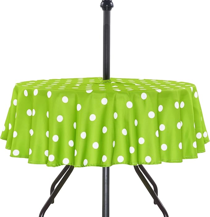 Poise3EHome Round Outdoor Tablecloth with Umbrella Hole and Zipper,Green Dot 70 Inch,Polyester SpillProof Washable Table Cloth for Spring Summer Patio Garden Poolside Picnic Camping BBQS