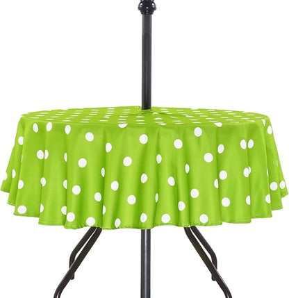 Poise3EHome 60 inches Outdoor/Indoor Waterproof Spillproof Round Tablecloth with Umbrella Hole Zipper for Camping Picnic Party Patio Table Spring, Green Polka Dot