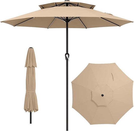 AreShark 12ft 2 Tiers Patio Umbrella - Outdoor Umbrella Waterproof UV Protection, Market Table Umbrella w/ 8 Sturdy Ribs&Crank for Pool, Porch, Garden(Beige)