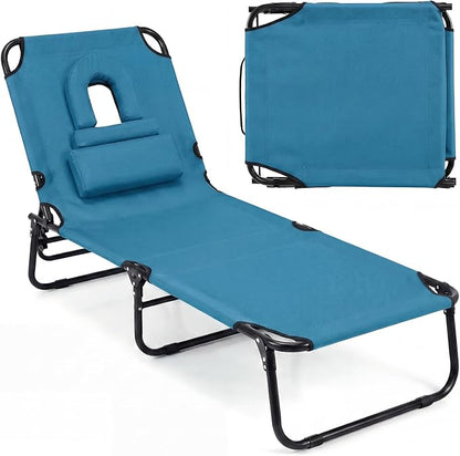 GYMAX Tanning Chair, Folding Lounge Chairs with Face Hole & Cover, Removable Pillow Carry Handle, Portable Compact Outdoor Layout Recliner for Beach, Poolside, Lawn, Patio, Camping (Blue,1)